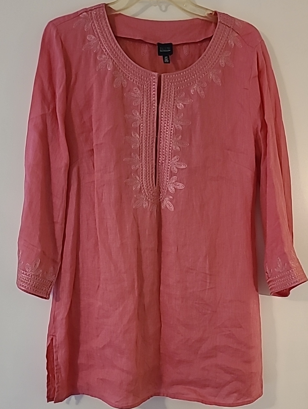 BLUE Saks Fifth Avenue Linen Tunic Pink Embroidered Peasant Blouse Coastal Boho